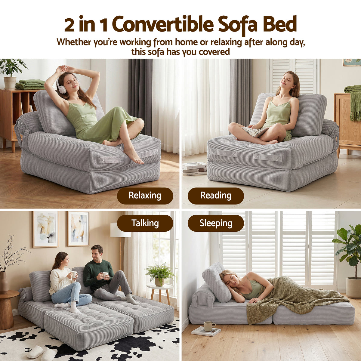 Mavira 1 Seater Corduroy Convertible Sofa Bed Pull Out Boneless Couch - Grey