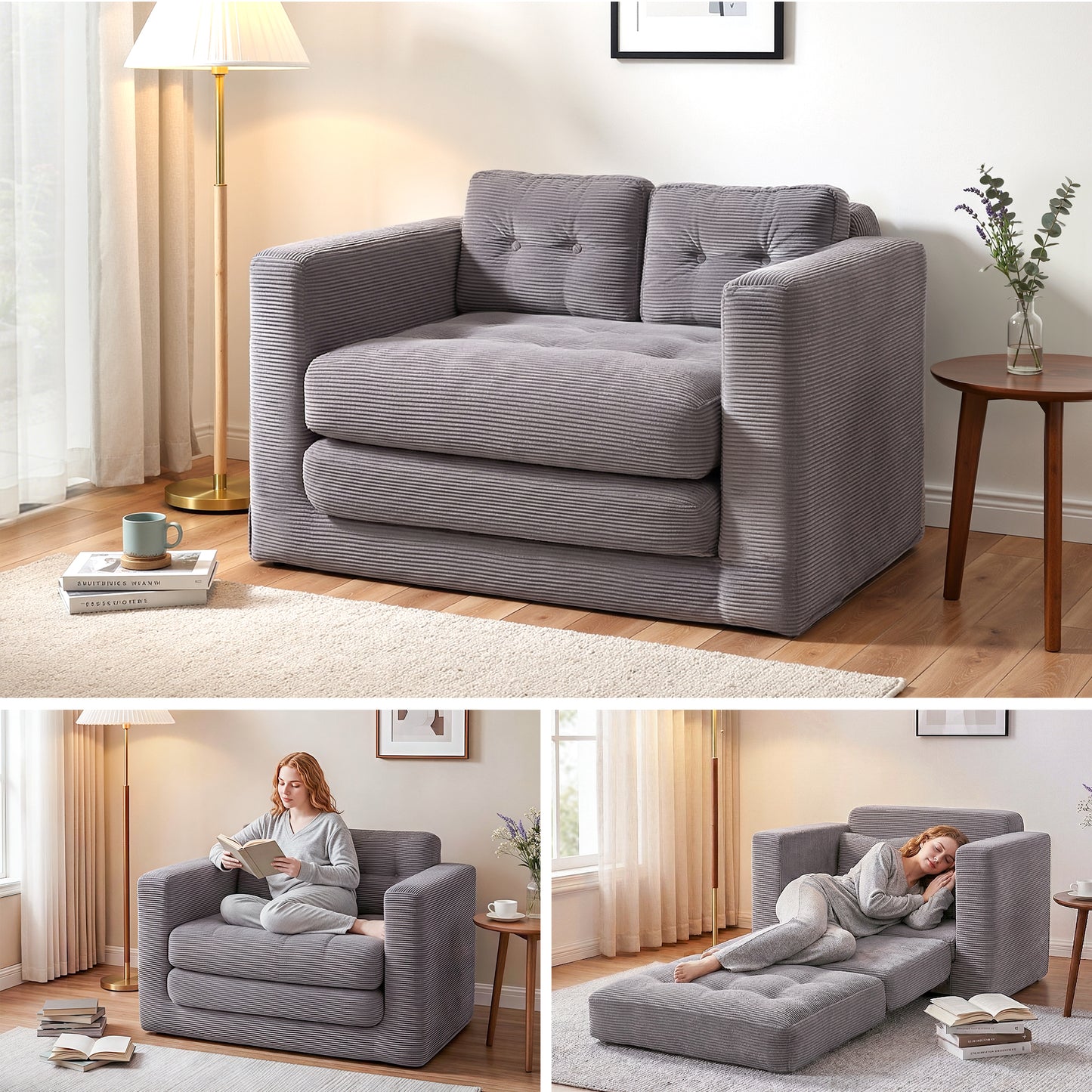 Mavira 2 Seater Corduroy Convertible Sofa Bed Pull Out Boneless Couch - Grey