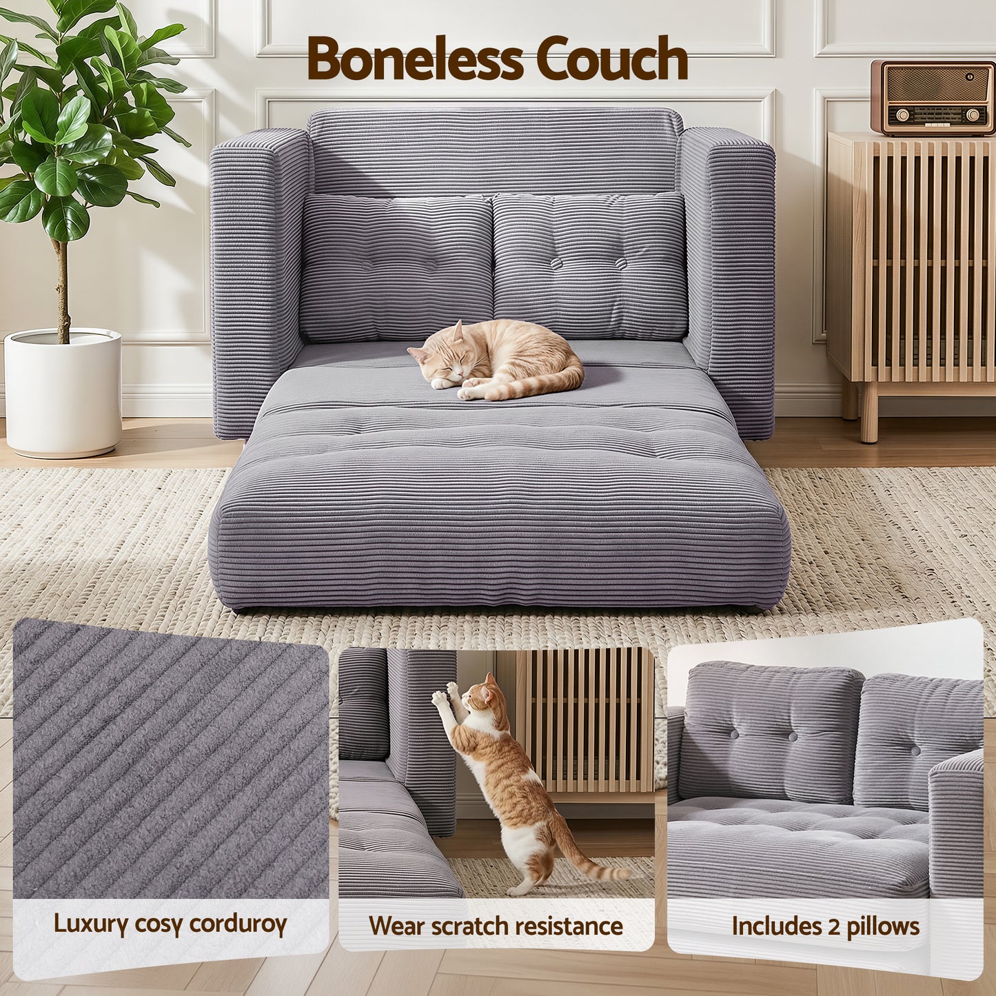 Mavira 2 Seater Corduroy Convertible Sofa Bed Pull Out Boneless Couch - Grey