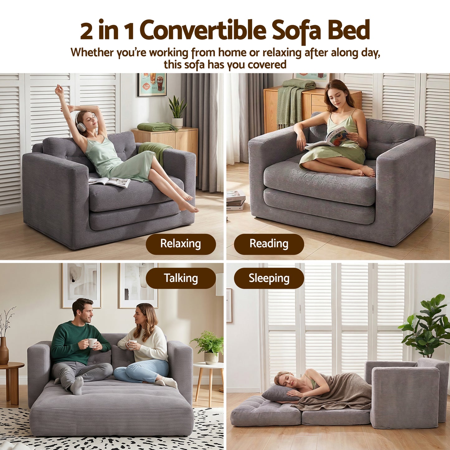 Mavira 2 Seater Corduroy Convertible Sofa Bed Pull Out Boneless Couch - Grey