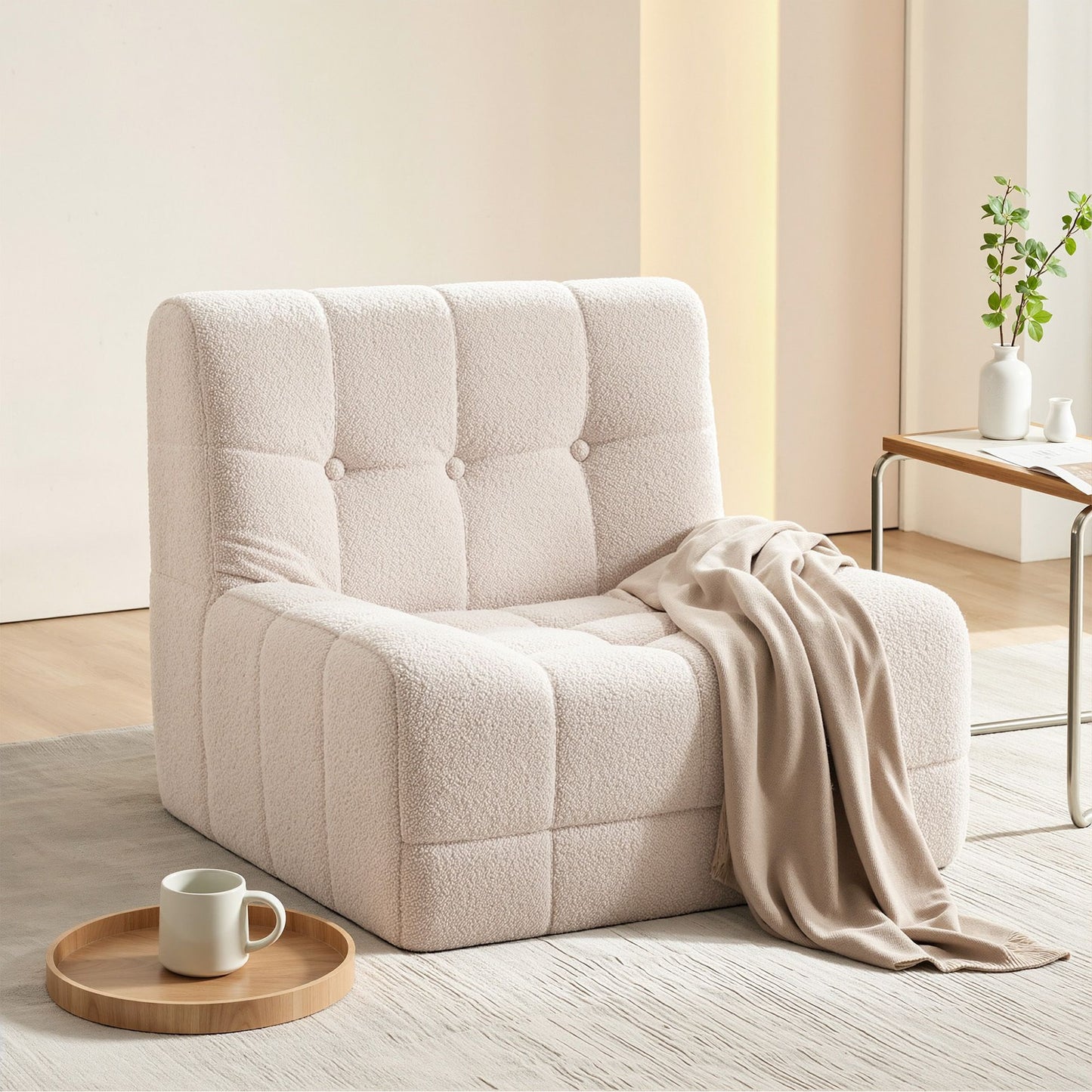 Melinae Single Small Boneless Couches for Living Room Fabric - White