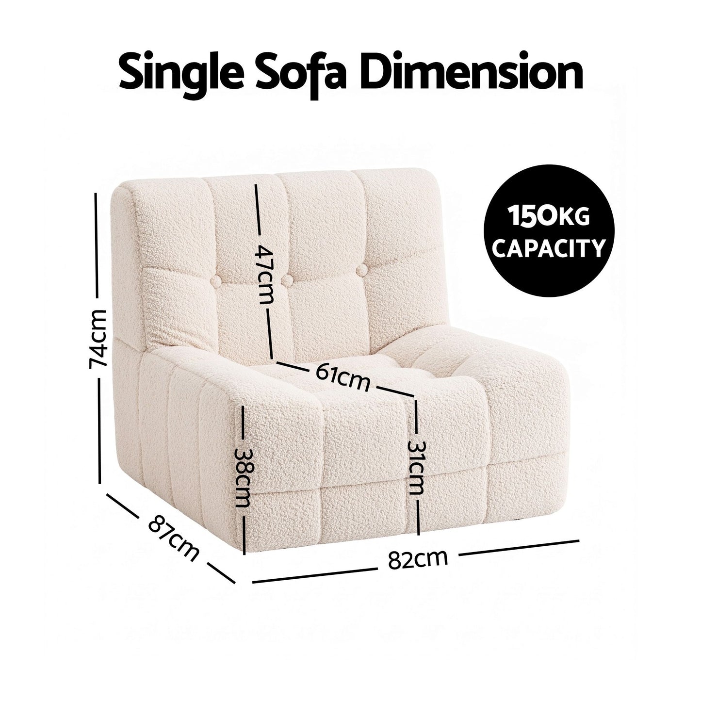 Melinae Single Small Boneless Couches for Living Room Fabric - White