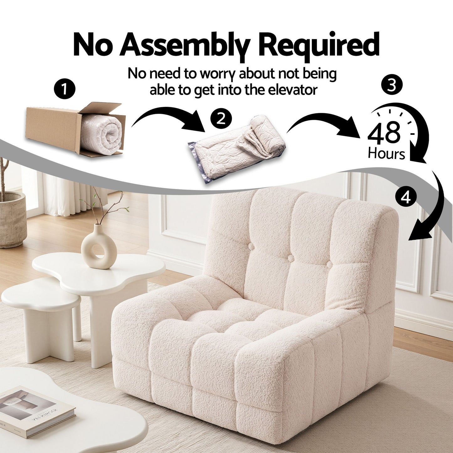 Melinae Single Small Boneless Couches for Living Room Fabric - White