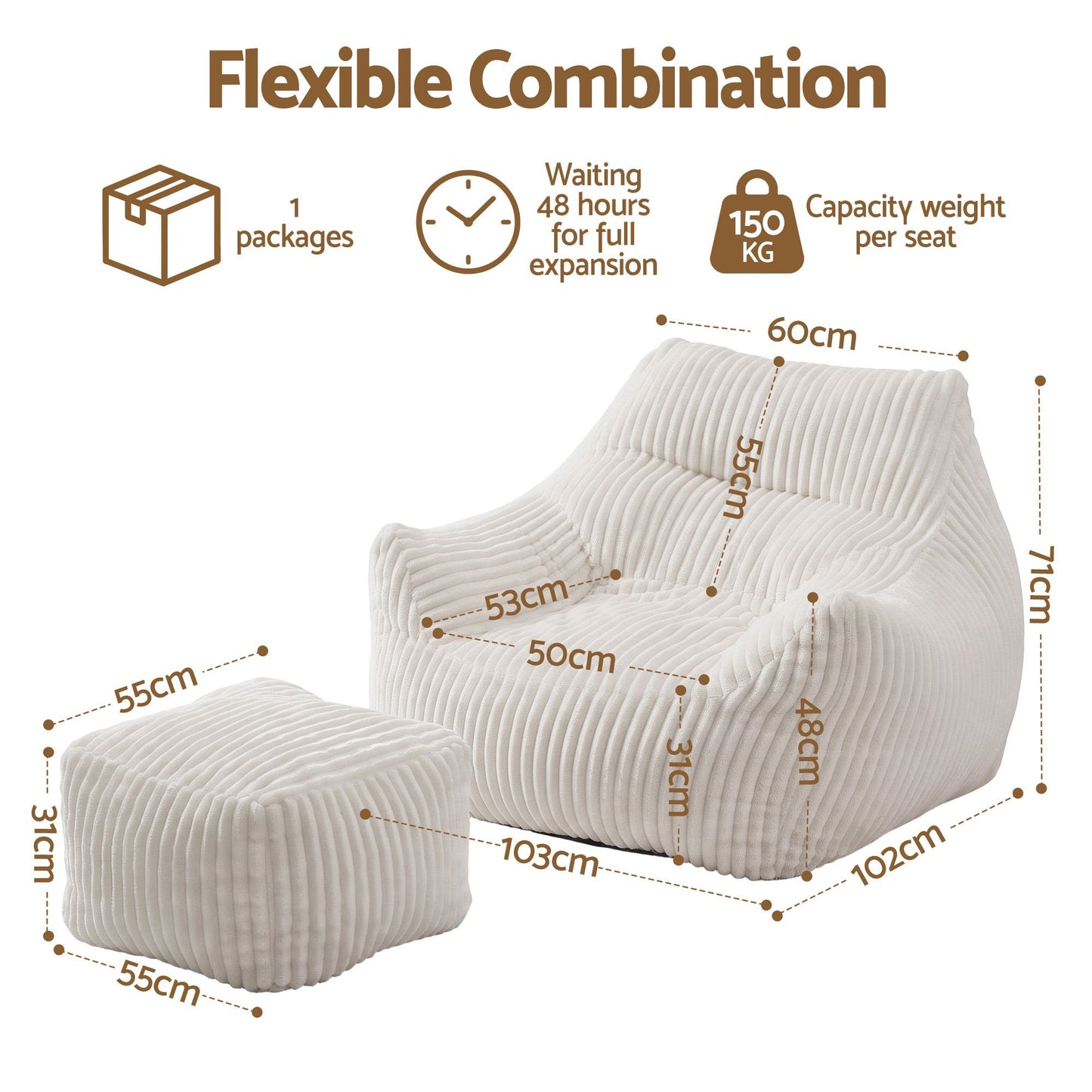 Bean Bag Sofa w/Ottoman Corduroy for Adults Teens White