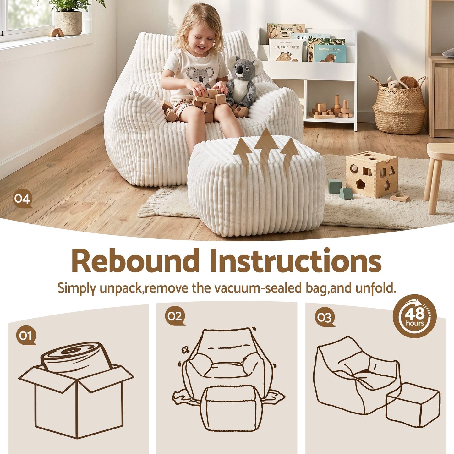 Bean Bag Sofa w/Ottoman Corduroy for Adults Teens White