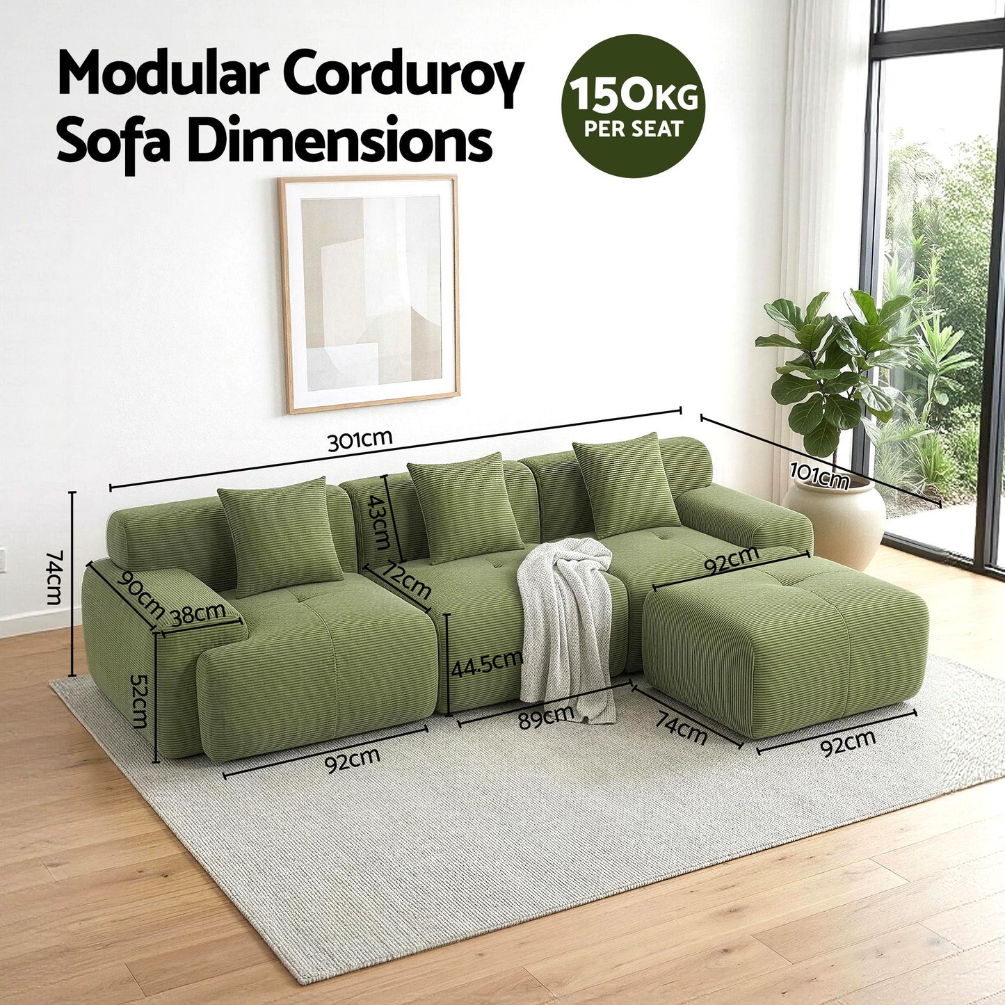 Marianne 3-Seater 300cm Modular Sofa Bed Comfort L-Shaped Sectional Boneless Couch - Green