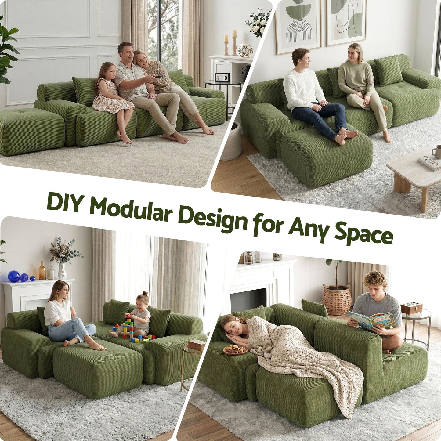 Marianne 3-Seater 300cm Modular Sofa Bed Comfort L-Shaped Sectional Boneless Couch - Green
