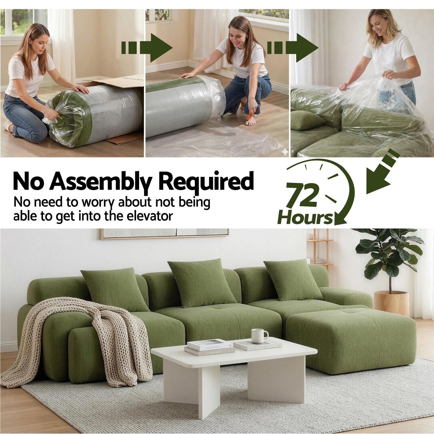 Marianne 3-Seater 300cm Modular Sofa Bed Comfort L-Shaped Sectional Boneless Couch - Green