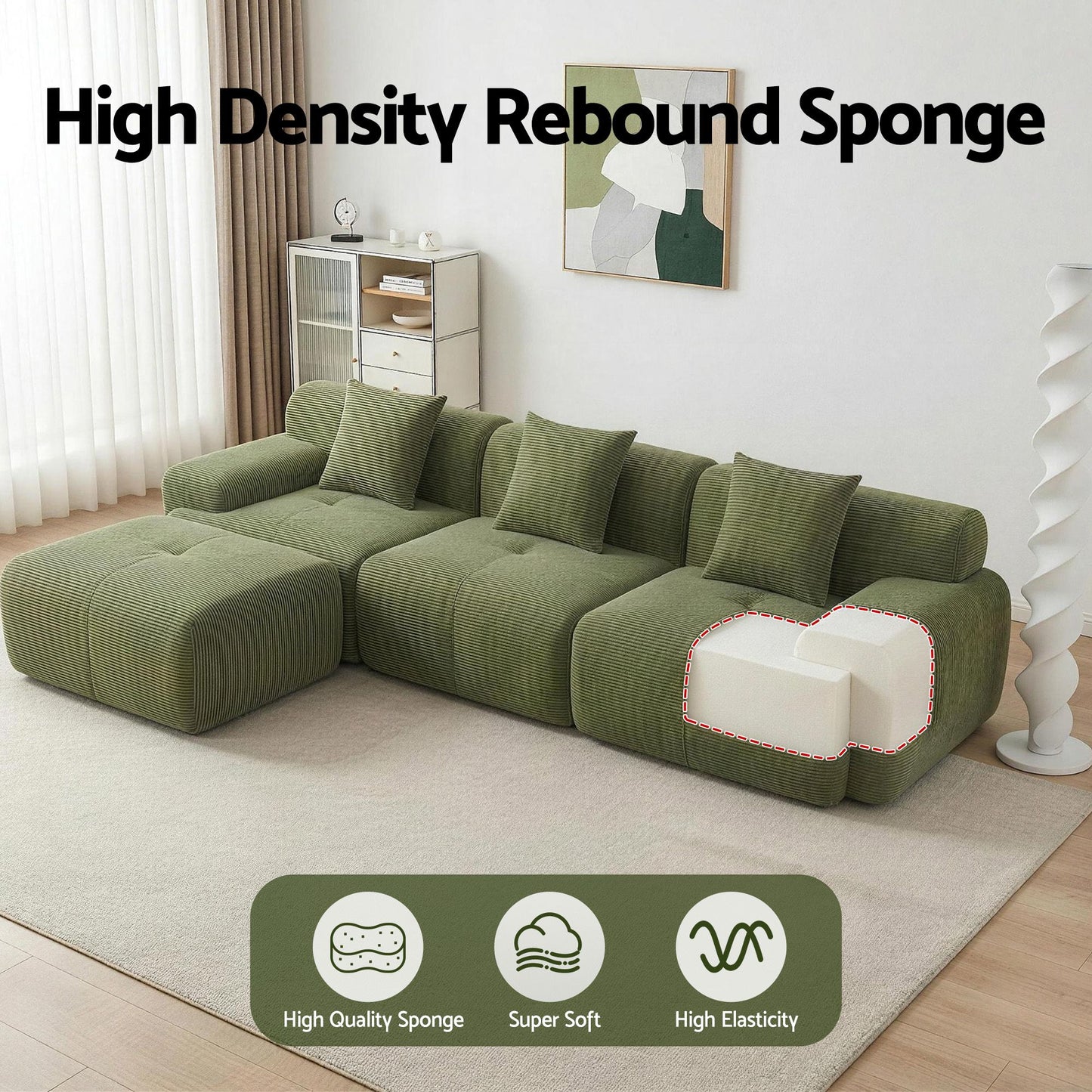 Marianne 3-Seater 300cm Modular Sofa Bed Comfort L-Shaped Sectional Boneless Couch - Green