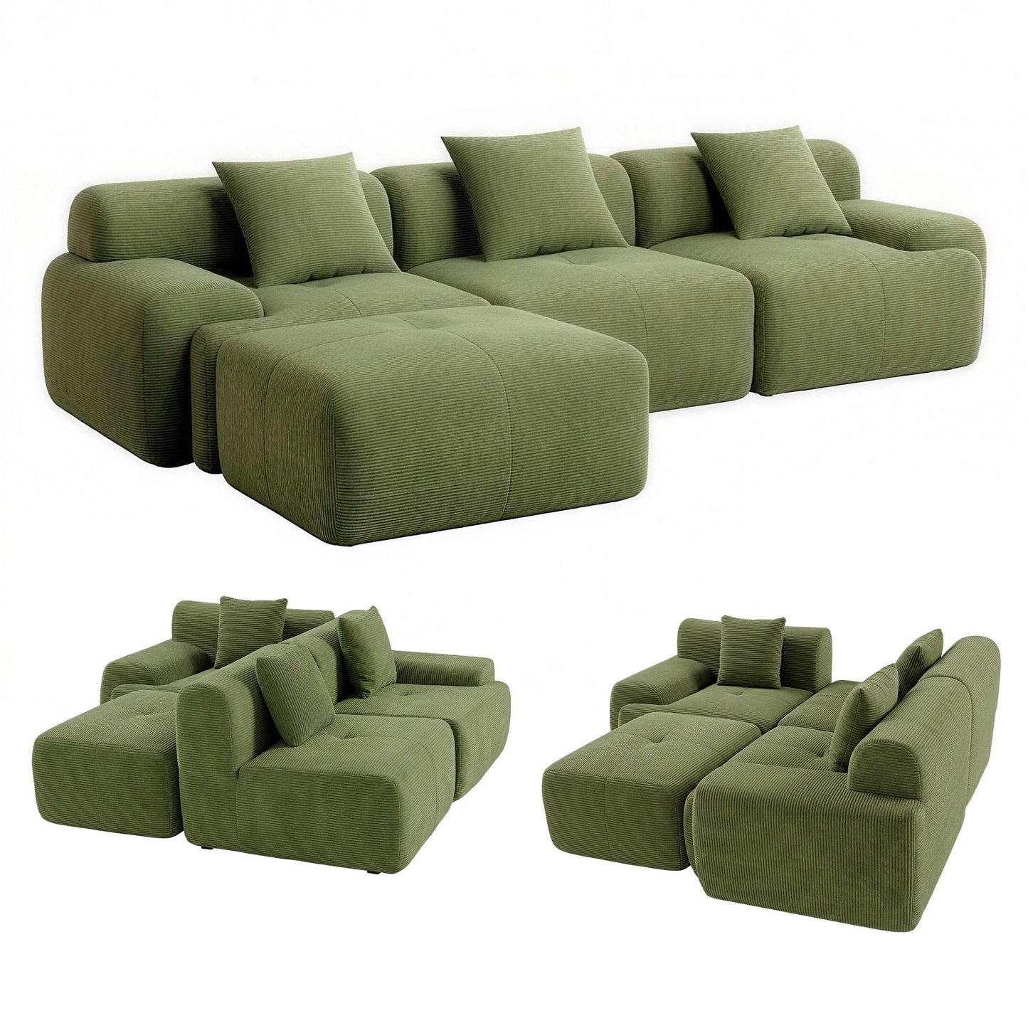 Marianne 3-Seater 300cm Modular Sofa Bed Comfort L-Shaped Sectional Boneless Couch - Green