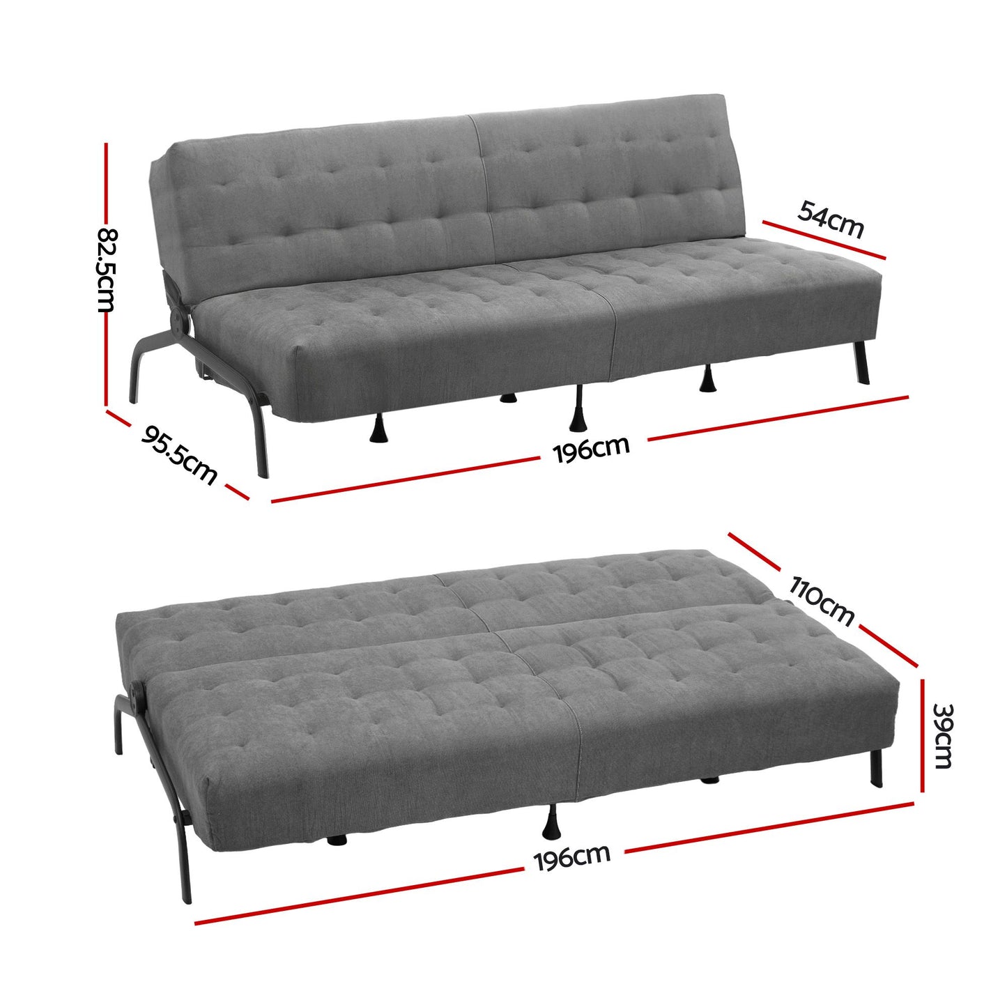 Marielle 3 Seater Sofa Bed, 1.9m Soft Innerspring Adjustable Couch Futon Chair - Grey