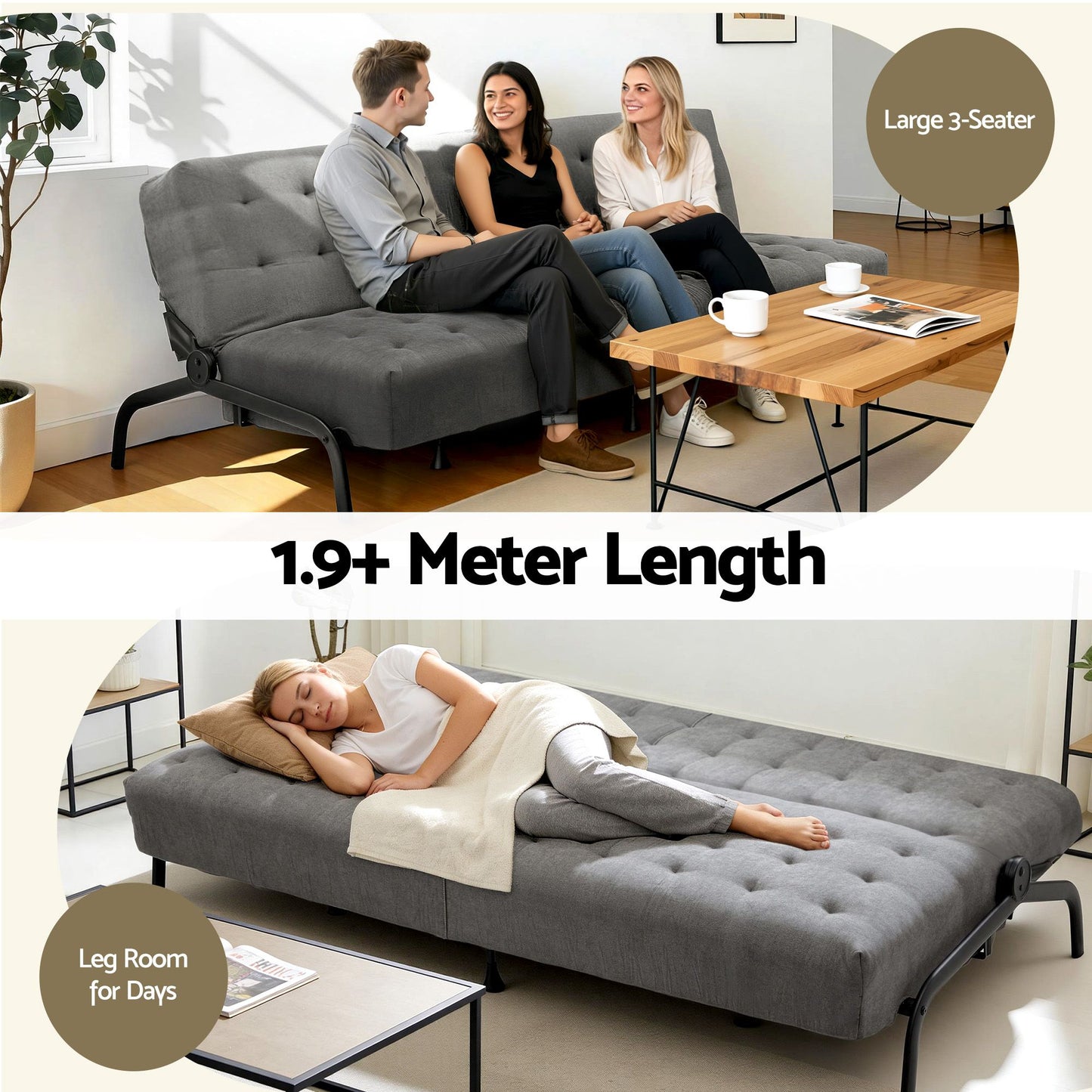 Marielle 3 Seater Sofa Bed, 1.9m Soft Innerspring Adjustable Couch Futon Chair - Grey