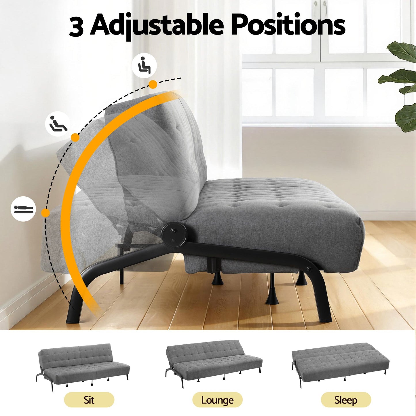 Marielle 3 Seater Sofa Bed, 1.9m Soft Innerspring Adjustable Couch Futon Chair - Grey