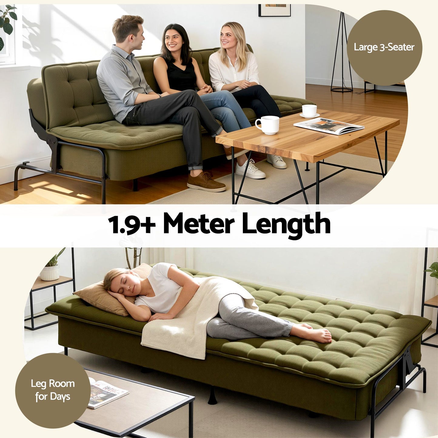 Marielle 3 Seater Sofa Bed, 1.9m Soft Innerspring Adjustable Couch Futon Chair - Green