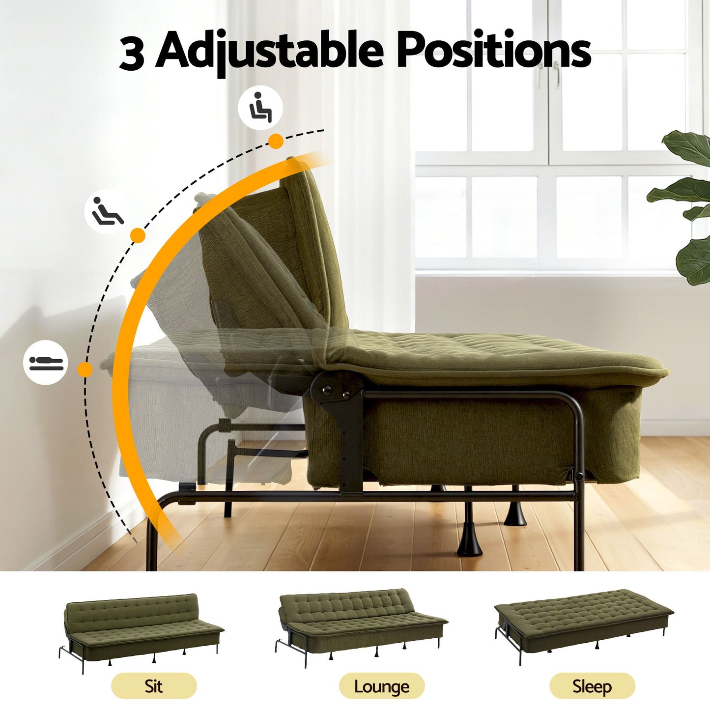 Marielle 3 Seater Sofa Bed, 1.9m Soft Innerspring Adjustable Couch Futon Chair - Green