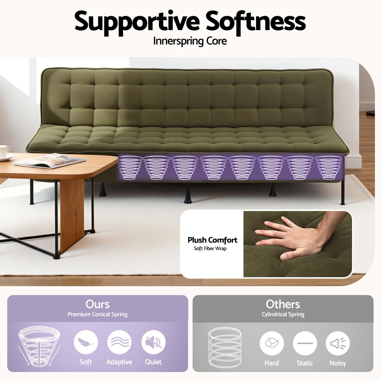 Marielle 3 Seater Sofa Bed, 1.9m Soft Innerspring Adjustable Couch Futon Chair - Green
