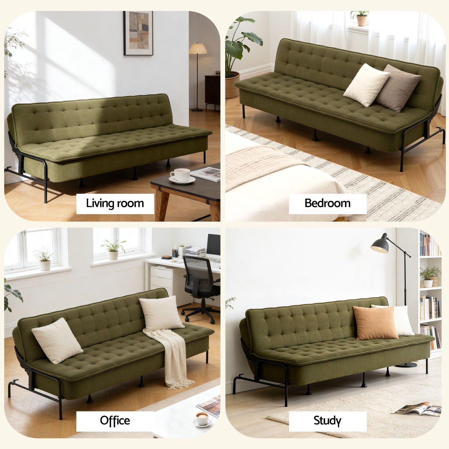 Marielle 3 Seater Sofa Bed, 1.9m Soft Innerspring Adjustable Couch Futon Chair - Green