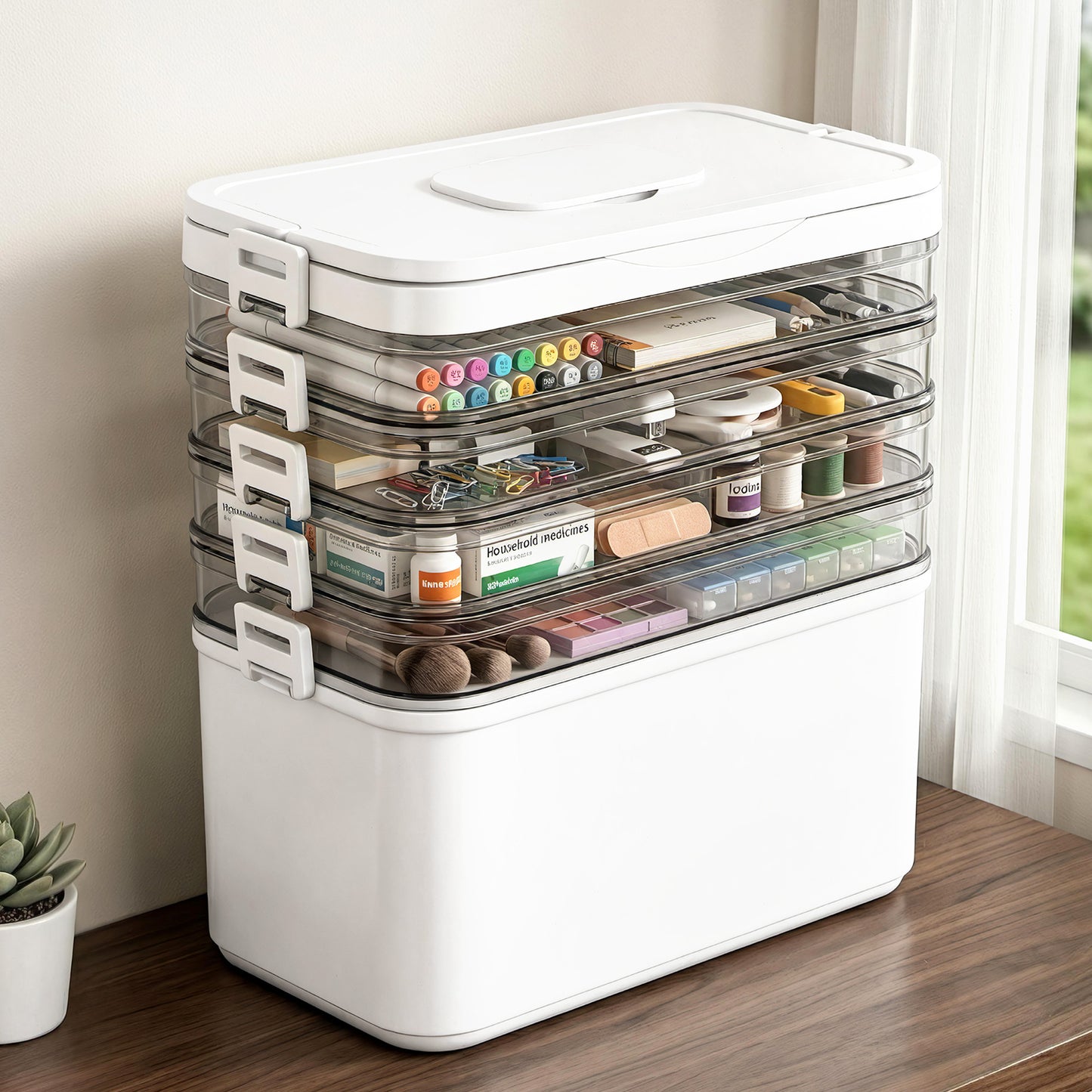 5 Tier Portable Storage Box Detachable with Handles Plastic Clear