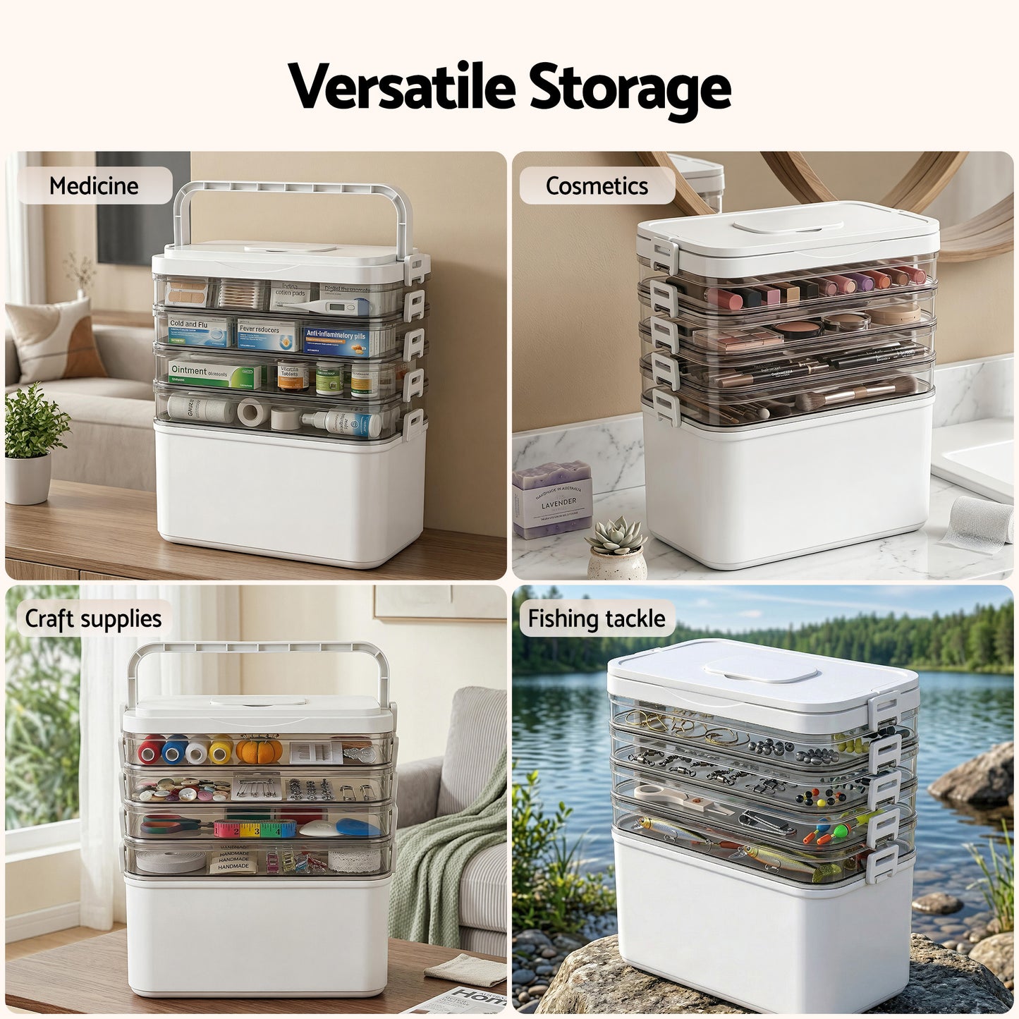 5 Tier Portable Storage Box Detachable with Handles Plastic Clear