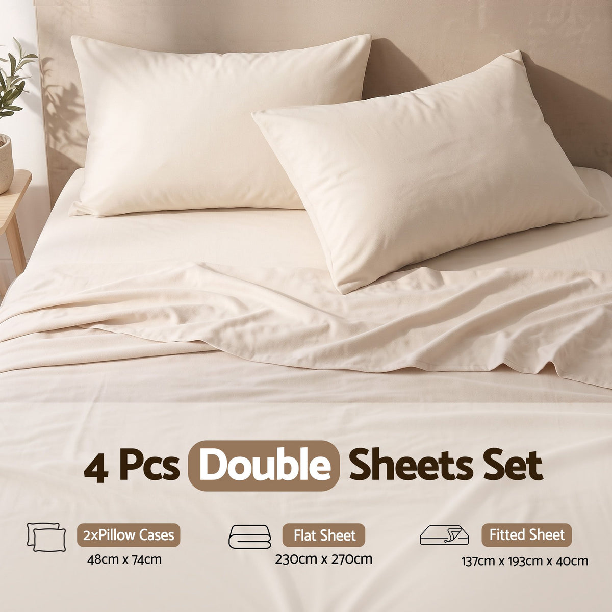 Double Sheet Set 150 GSM Anti-pilling Micro Flannel 4 Piece - Cream White