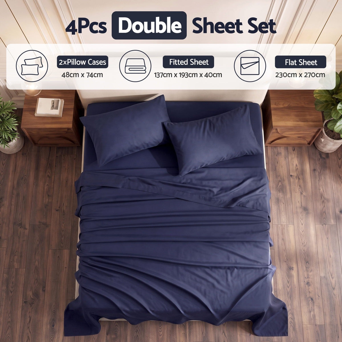 Double 500TC Cotton 4Pcs Sheet Set with 40cm Extra Deep Pocket - Navy Blue