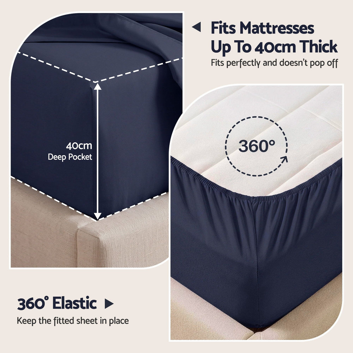 Double 500TC Cotton 4Pcs Sheet Set with 40cm Extra Deep Pocket - Navy Blue