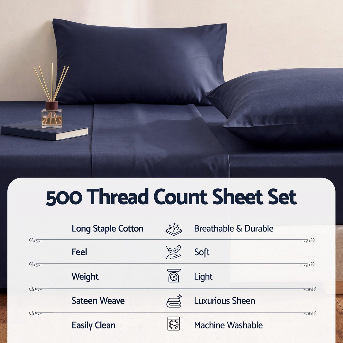 Single 500TC Cotton 4Pcs Sheet Set with 40cm Extra Deep Pocket - Navy Blue