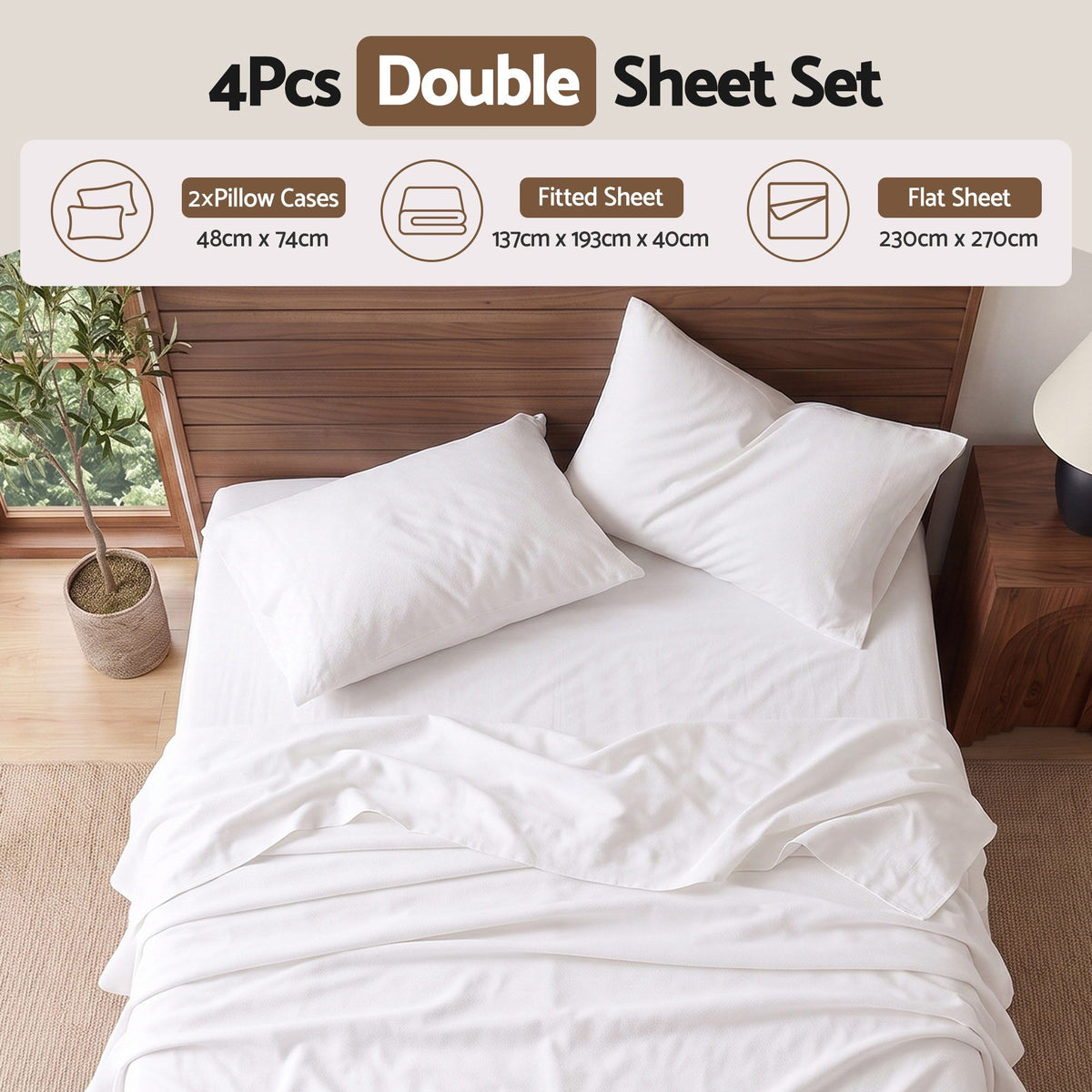Double 500TC Cotton 4Pcs Sheet Set with 40cm Extra Deep Pocket - White