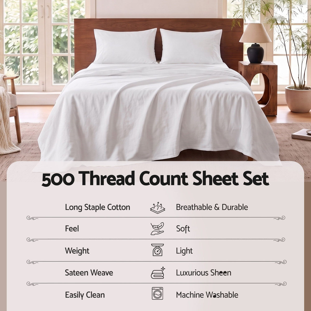Double 500TC Cotton 4Pcs Sheet Set with 40cm Extra Deep Pocket - White