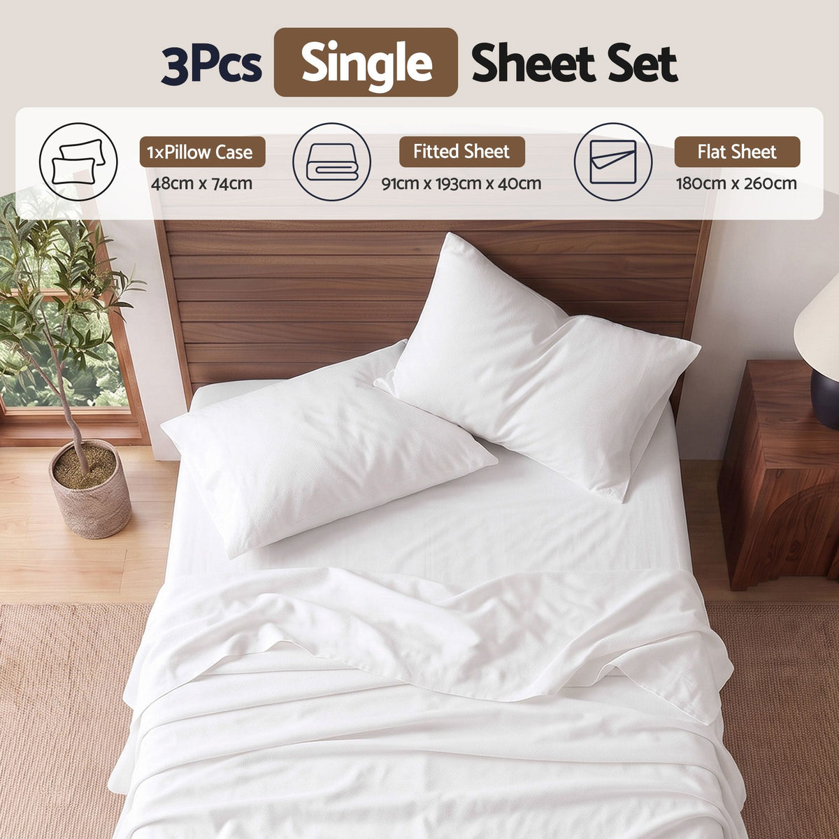 Single 500TC Cotton 4Pcs Sheet Set with 40cm Extra Deep Pocket - White