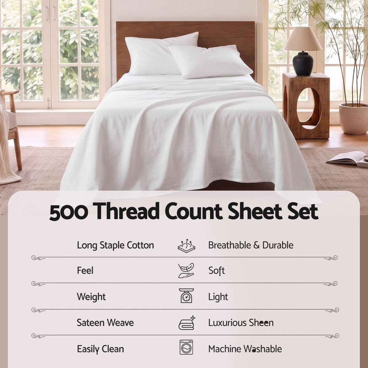 Single 500TC Cotton 4Pcs Sheet Set with 40cm Extra Deep Pocket - White