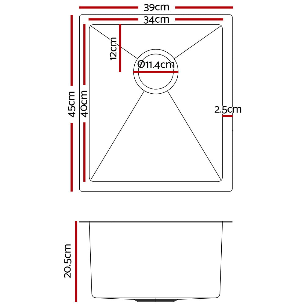 Kitchen Sink 45X39CM Stainless Steel Basin Single Bowl Laundry Silver