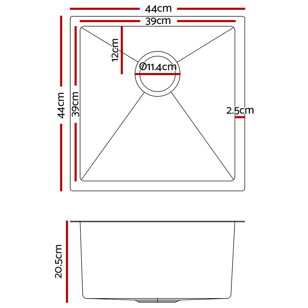 Kitchen Sink 44X44CM Stainless Steel Basin Single Bowl Laundry Silver