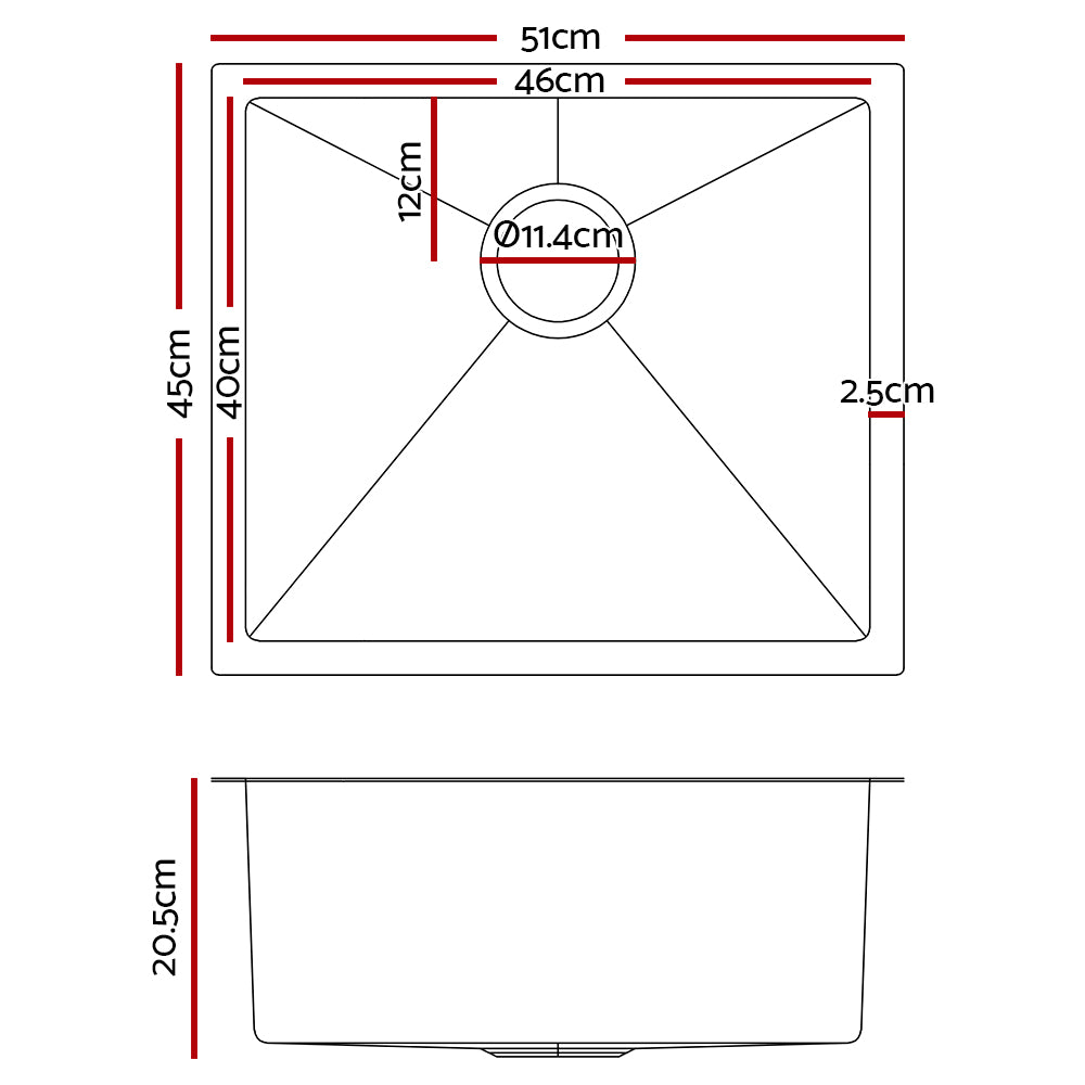 Kitchen Sink 51X45CM Stainless Steel Basin Single Bowl Laundry Silver