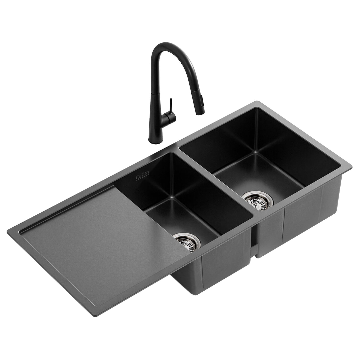 Stainless Steel Sink 100x45CM With Pull Out Mixer Tap Kitchen Basin Double Bowl Black