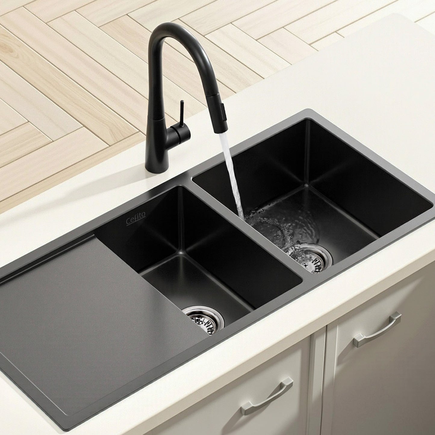 Stainless Steel Sink 100x45CM With Pull Out Mixer Tap Kitchen Basin Double Bowl Black