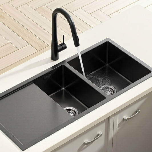 Stainless Steel Sink 100x45CM With Pull Out Mixer Tap Kitchen Basin Double Bowl Black