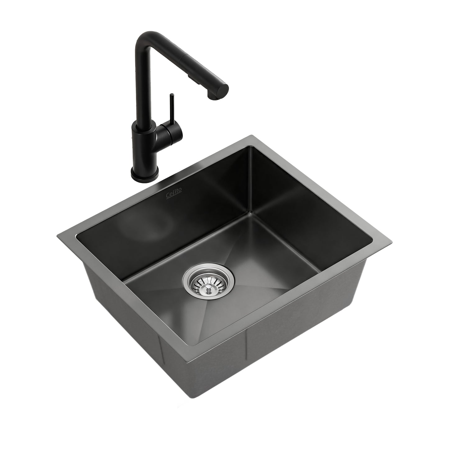 Stainless Steel Sink 44x44CM With Pull Out Mixer Tap Kitchen Basin Single Bowl Black