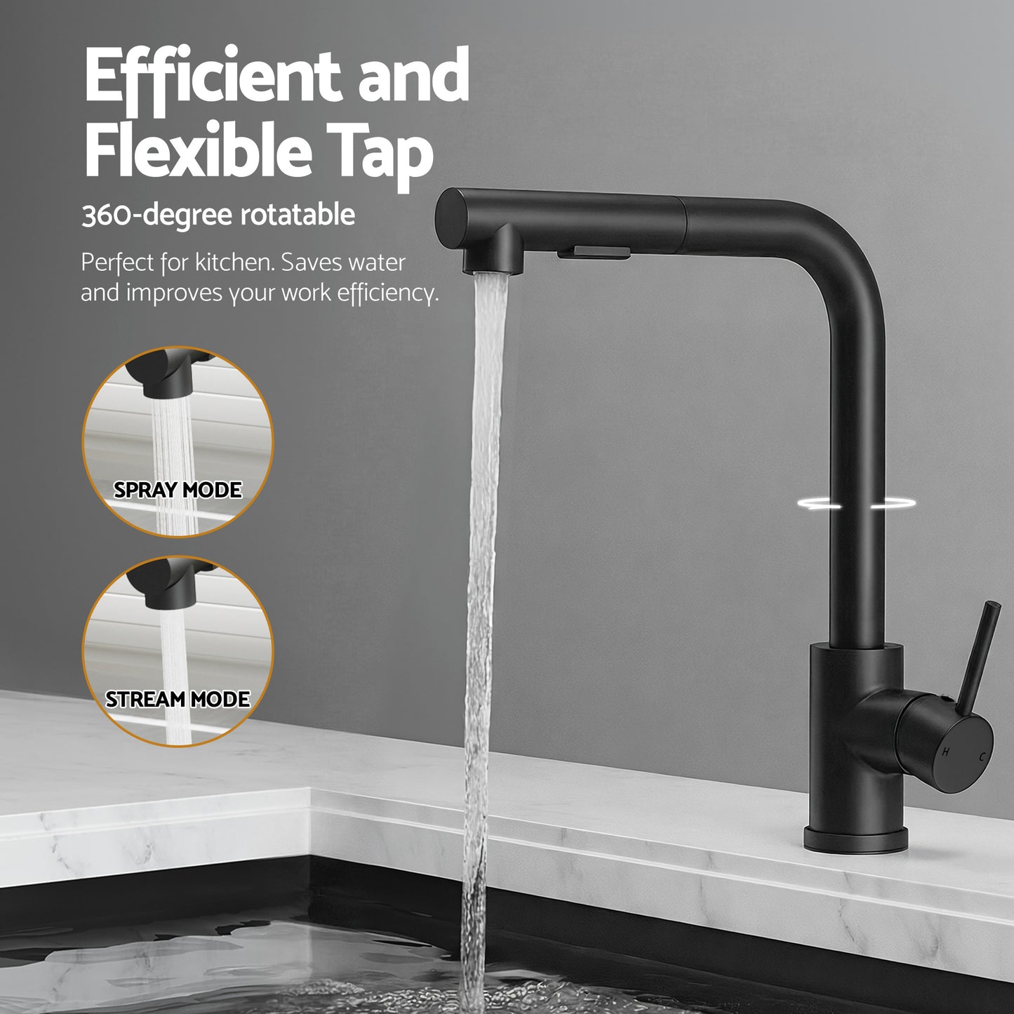 Stainless Steel Sink 44x44CM With Pull Out Mixer Tap Kitchen Basin Single Bowl Black