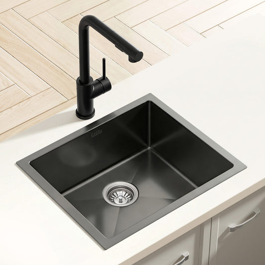 Stainless Steel Sink 44x44CM With Pull Out Mixer Tap Kitchen Basin Single Bowl Black