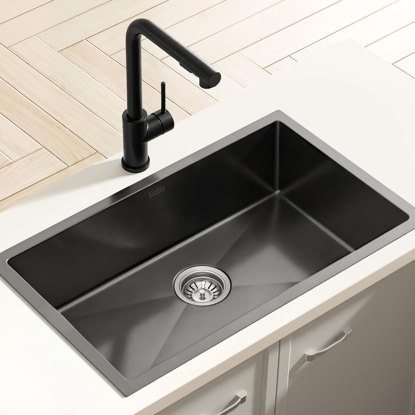 Stainless Steel Sink 60x45CM With Pull Out Mixer Tap Kitchen Basin Single Bowl Black