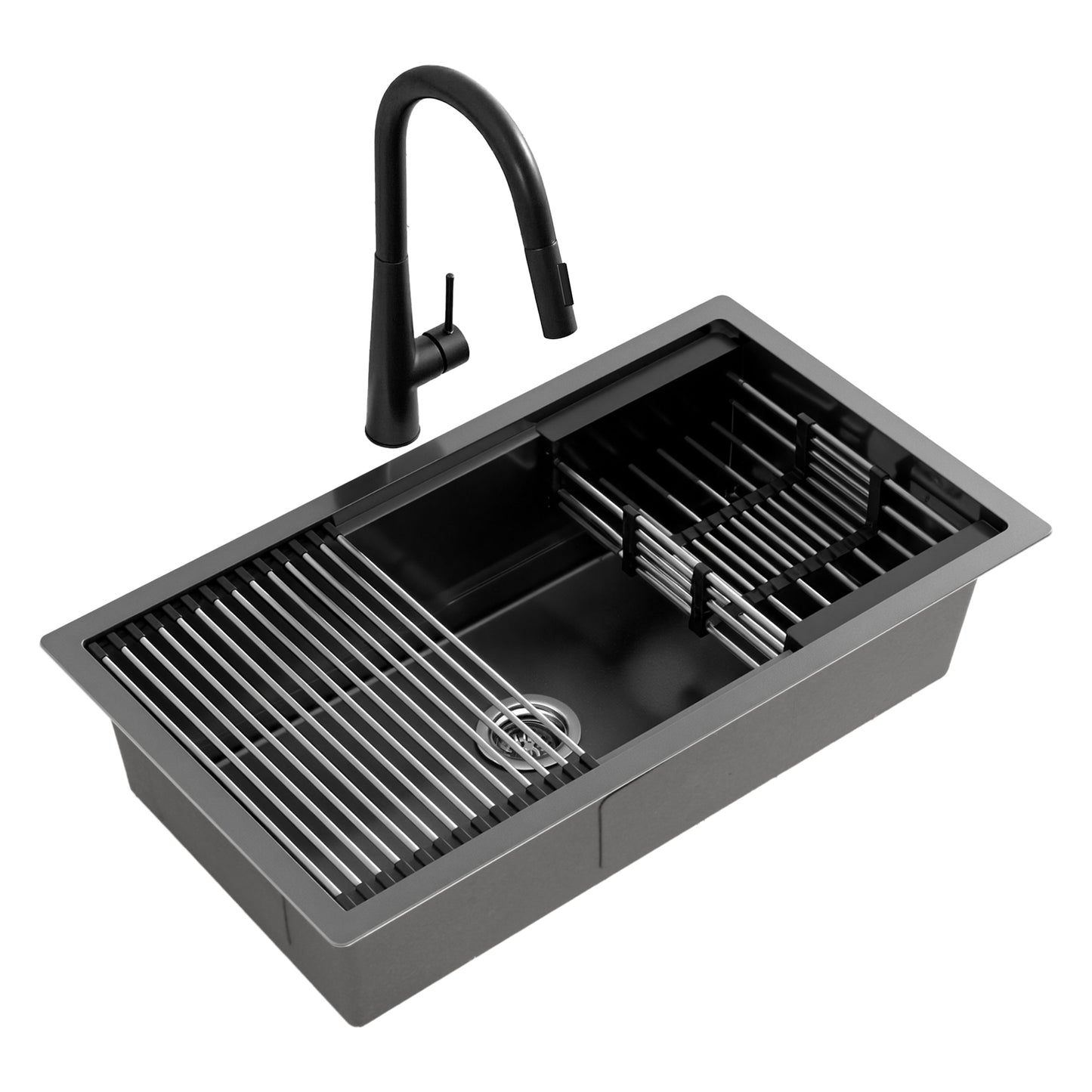 Stainless Steel Sink 70x45CM With Pull Out Mixer Tap Kitchen Basin Single Bowl Black