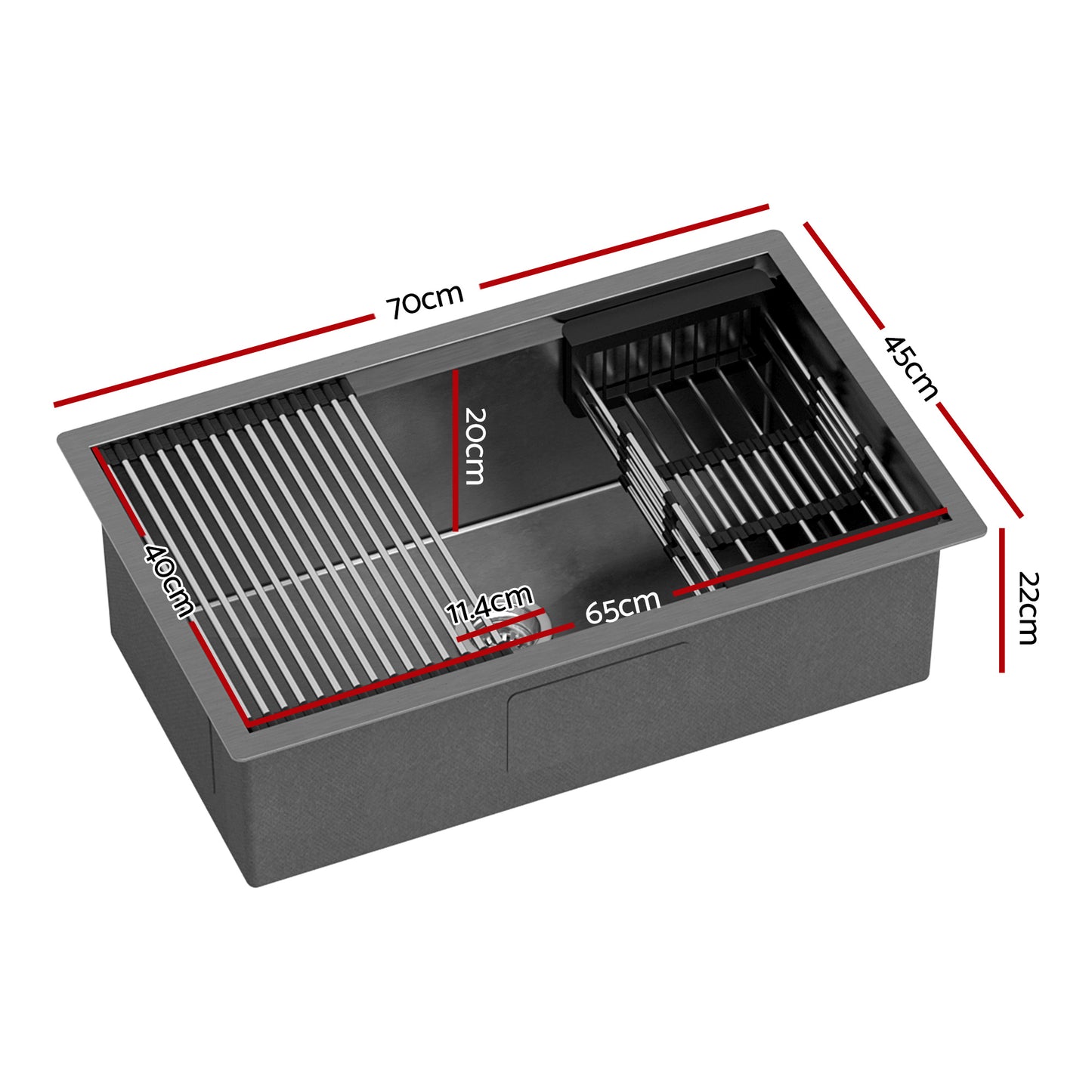 Stainless Steel Sink 70x45CM With Pull Out Mixer Tap Kitchen Basin Single Bowl Black