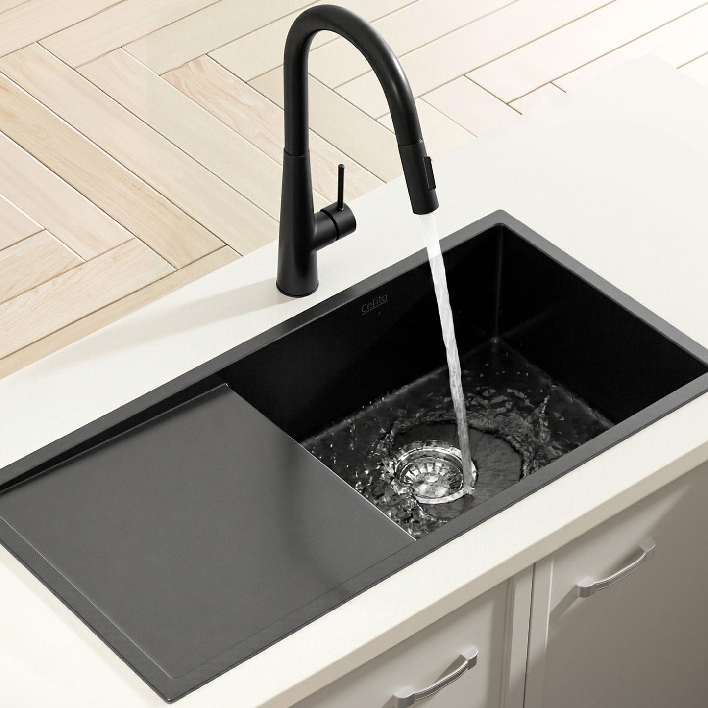Stainless Steel Sink 75x45CM With Pull Out Mixer Tap Kitchen Basin Single Bowl Black