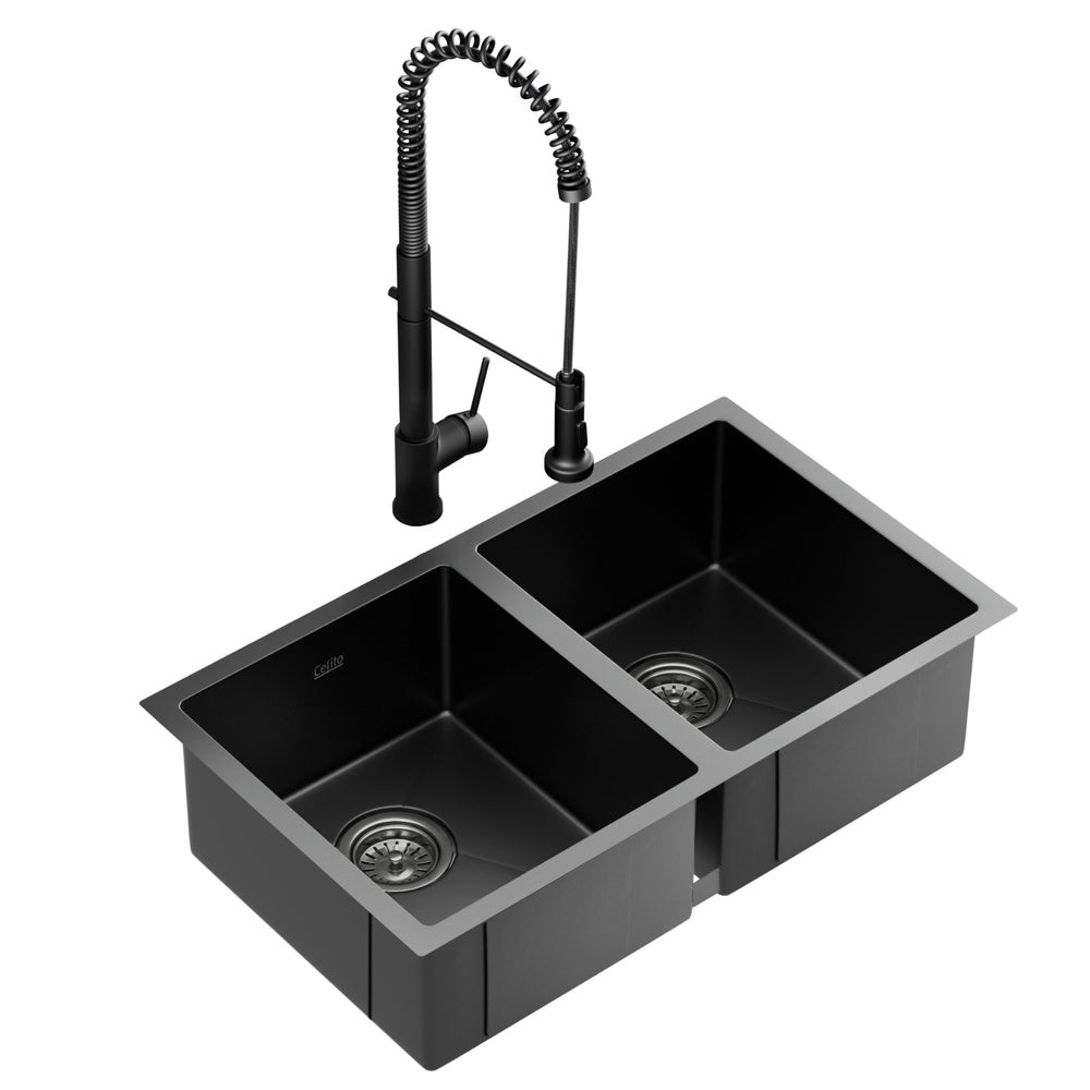 Stainless Steel Sink 77x45CM With Pull Out Mixer Tap Kitchen Double Bowl Black