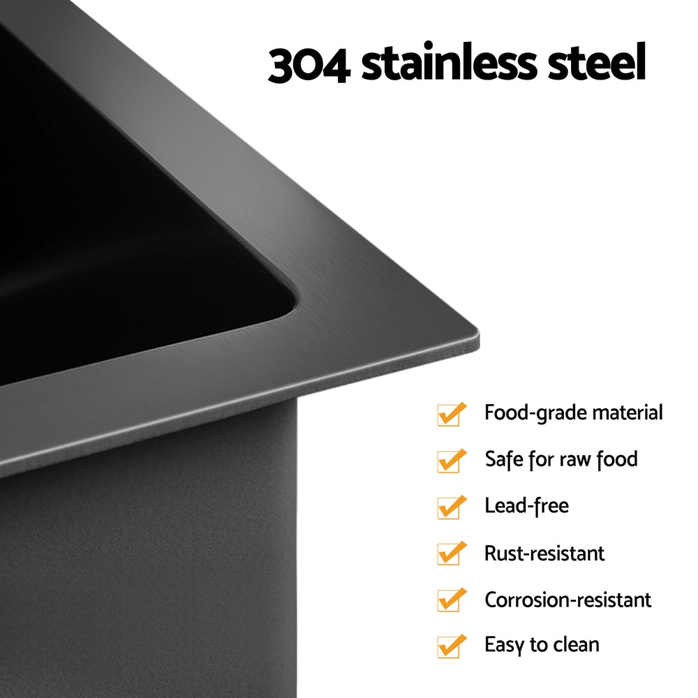 Stainless Steel Sink 77x45CM With Pull Out Mixer Tap Kitchen Double Bowl Black