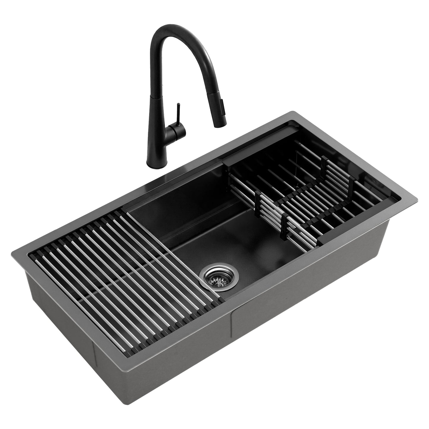 Stainless Steel Sink 81x45CM With Pull Out Mixer Tap Kitchen Basin Single Bowl Black