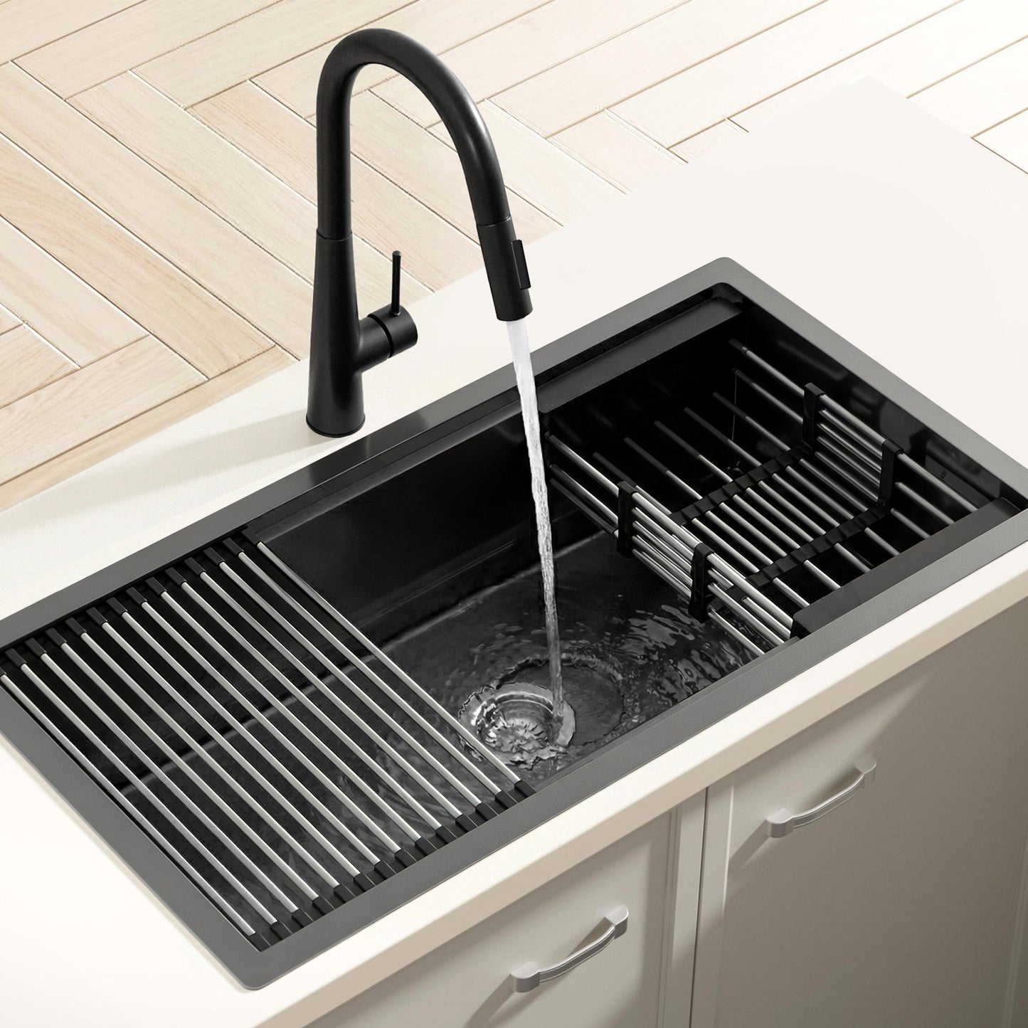 Stainless Steel Sink 81x45CM With Pull Out Mixer Tap Kitchen Basin Single Bowl Black