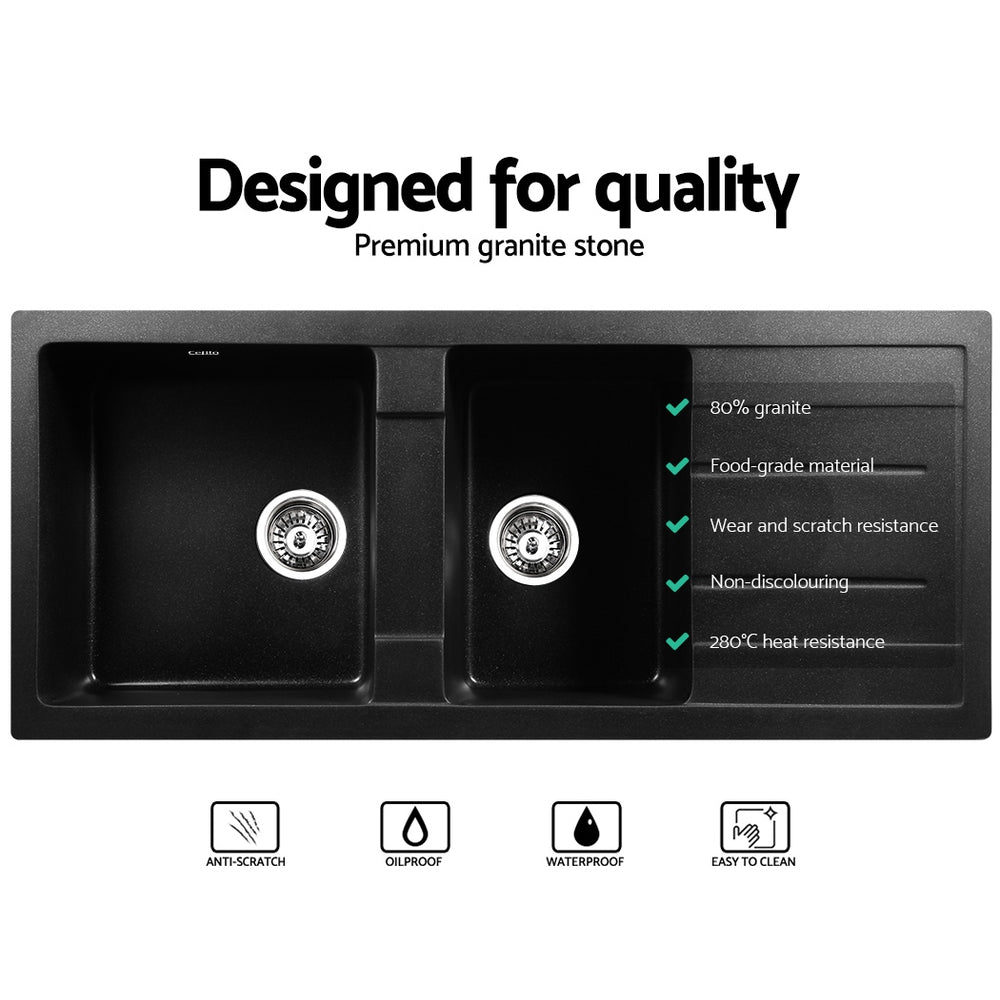 Stone Kitchen Sink 1160X500MM Granite Under/Topmount Basin Double Bowl Black
