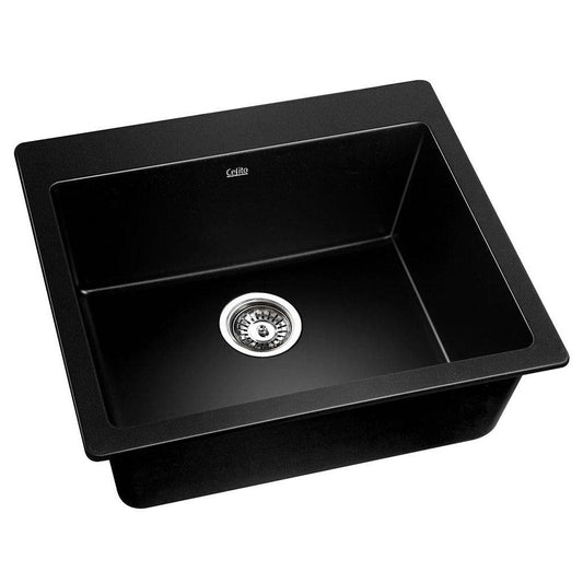 Stone Kitchen Sink 570x500Mm Granite Under or Top mount Basin Bowl Laundry Black